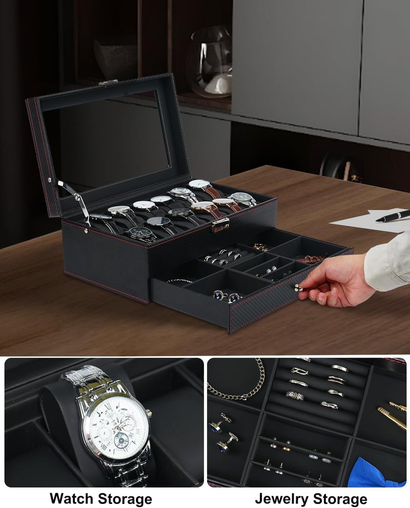 Jenseits 12 Slot Watch Case,2 Layers Watch Box Organizer with Large Glass Lid, Lockable Leather Watch Holder Display Case Storage with Jewelry Organizer Holder Drawer, Ideal Gift for Men Women, Black - Image 3